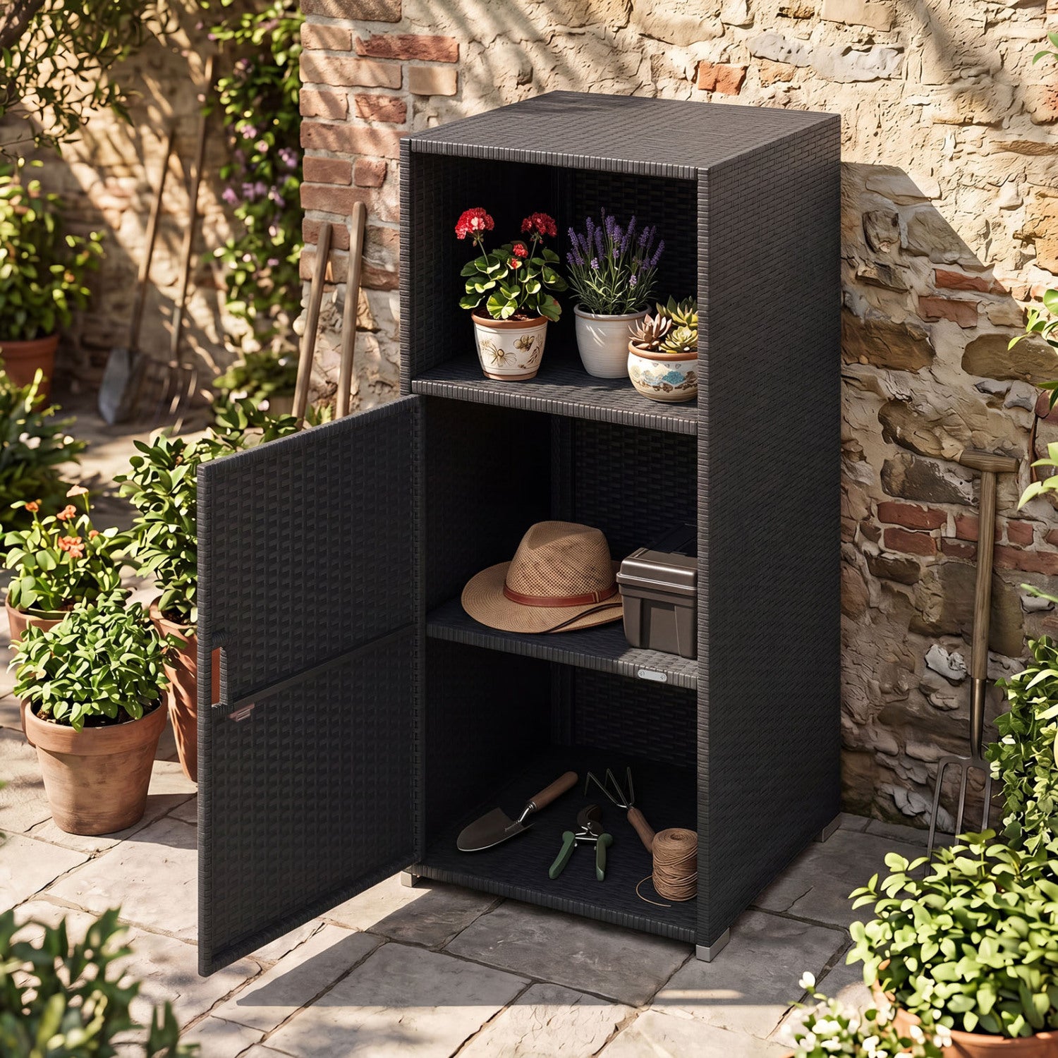 Outdoor PE Wicker Storage Cabinet with Door and Open Compartment for Patio, Black Sheds & Outdoor Storage at Gallery Canada