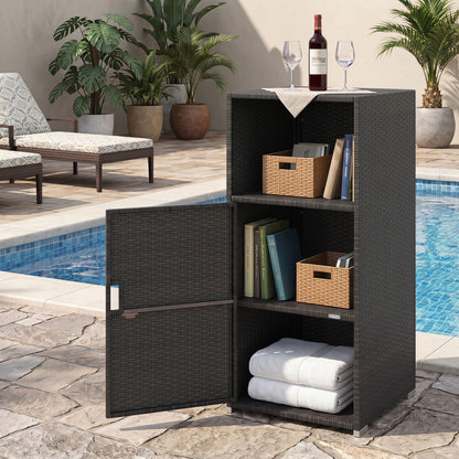 Outdoor PE Wicker Storage Cabinet with Door and Open Compartment for Patio, Black Sheds & Outdoor Storage at Gallery Canada