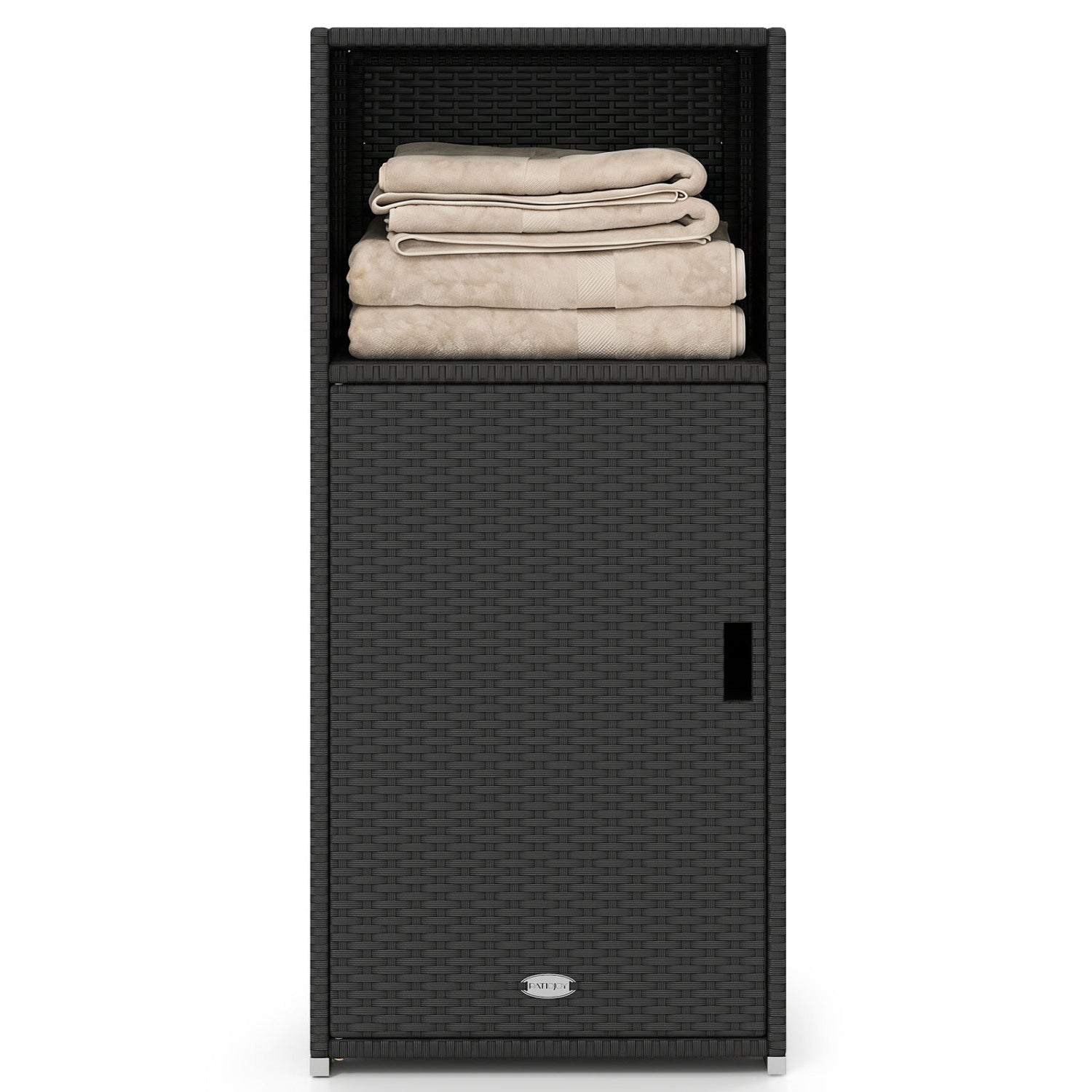 Outdoor PE Wicker Storage Cabinet with Door and Open Compartment for Patio, Black Sheds & Outdoor Storage Black at Gallery Canada
