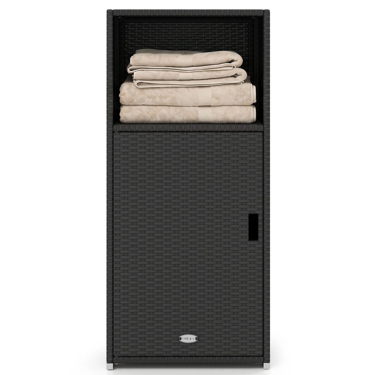 Outdoor PE Wicker Storage Cabinet with Door and Open Compartment for Patio, Black Sheds & Outdoor Storage Black at Gallery Canada
