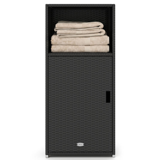 Outdoor PE Wicker Storage Cabinet with Door and Open Compartment for Patio, Black Sheds & Outdoor Storage Black at Gallery Canada