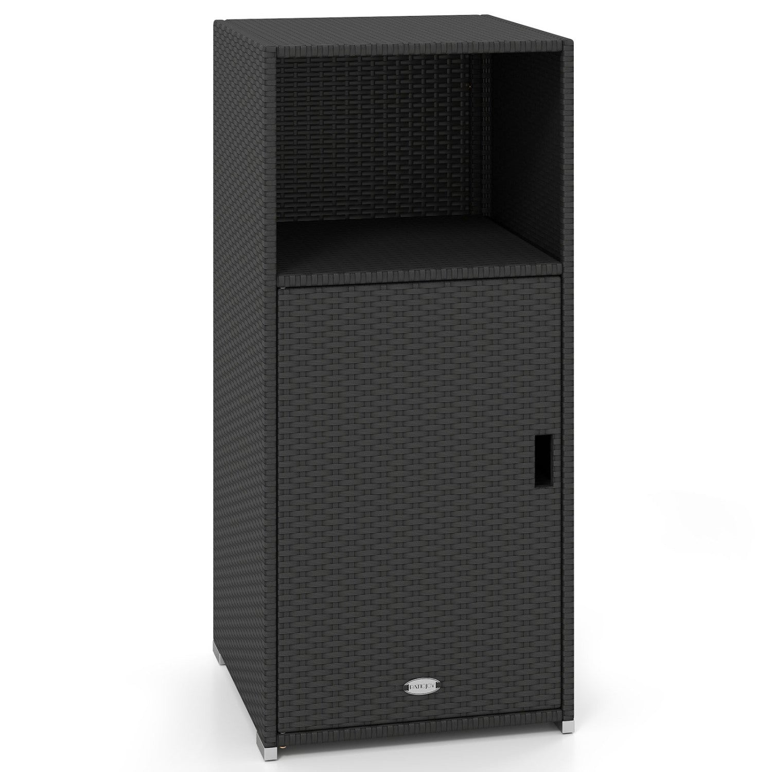 Outdoor PE Wicker Storage Cabinet with Door and Open Compartment for Patio, Black Sheds & Outdoor Storage at Gallery Canada