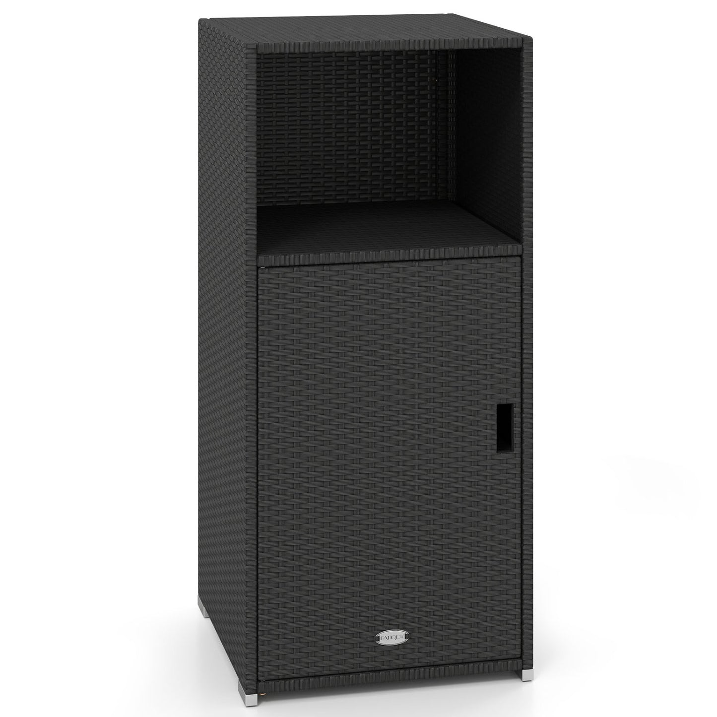Outdoor PE Wicker Storage Cabinet with Door and Open Compartment for Patio, Black Sheds & Outdoor Storage at Gallery Canada