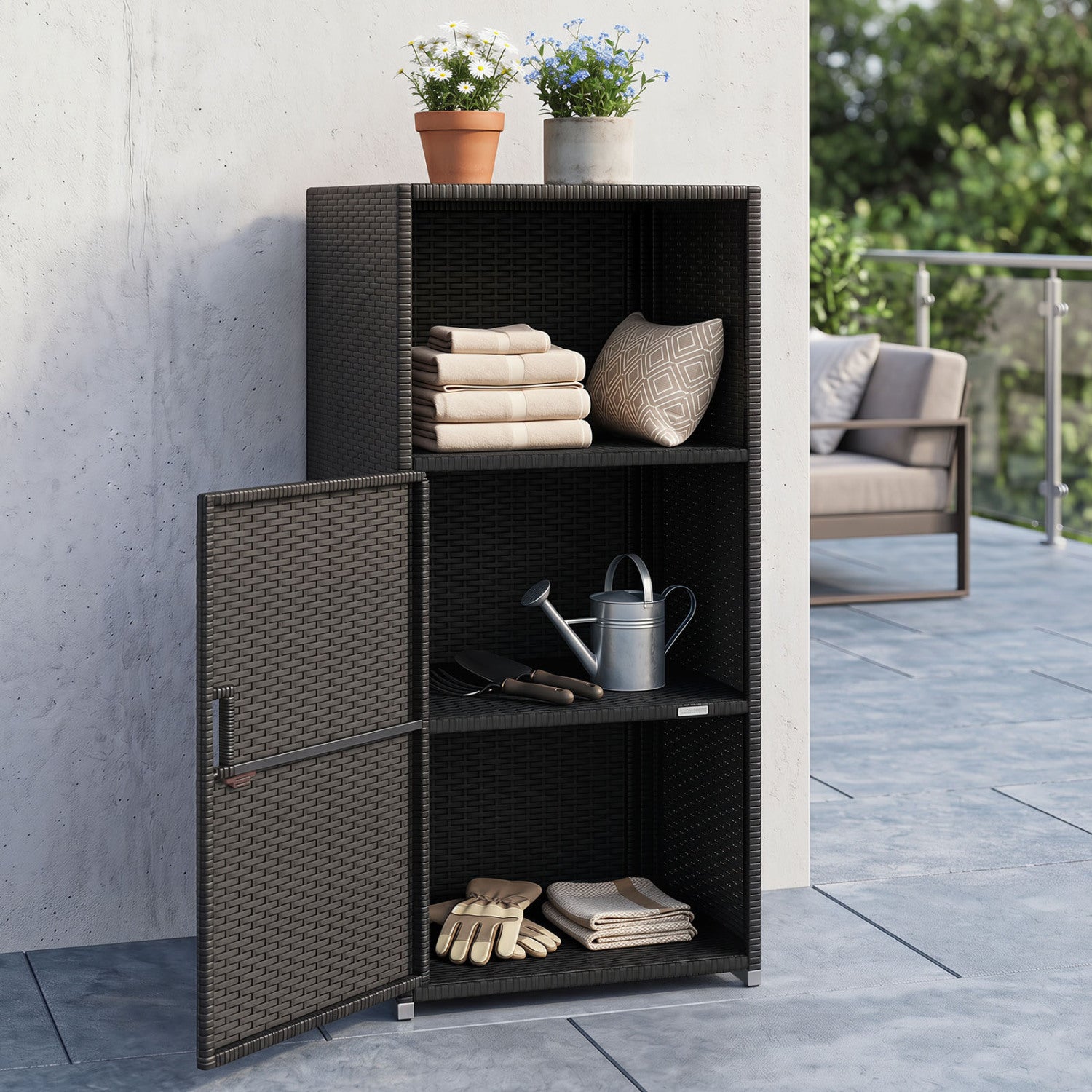Outdoor PE Wicker Storage Cabinet with Door and Open Compartment for Patio, Black Sheds & Outdoor Storage at Gallery Canada