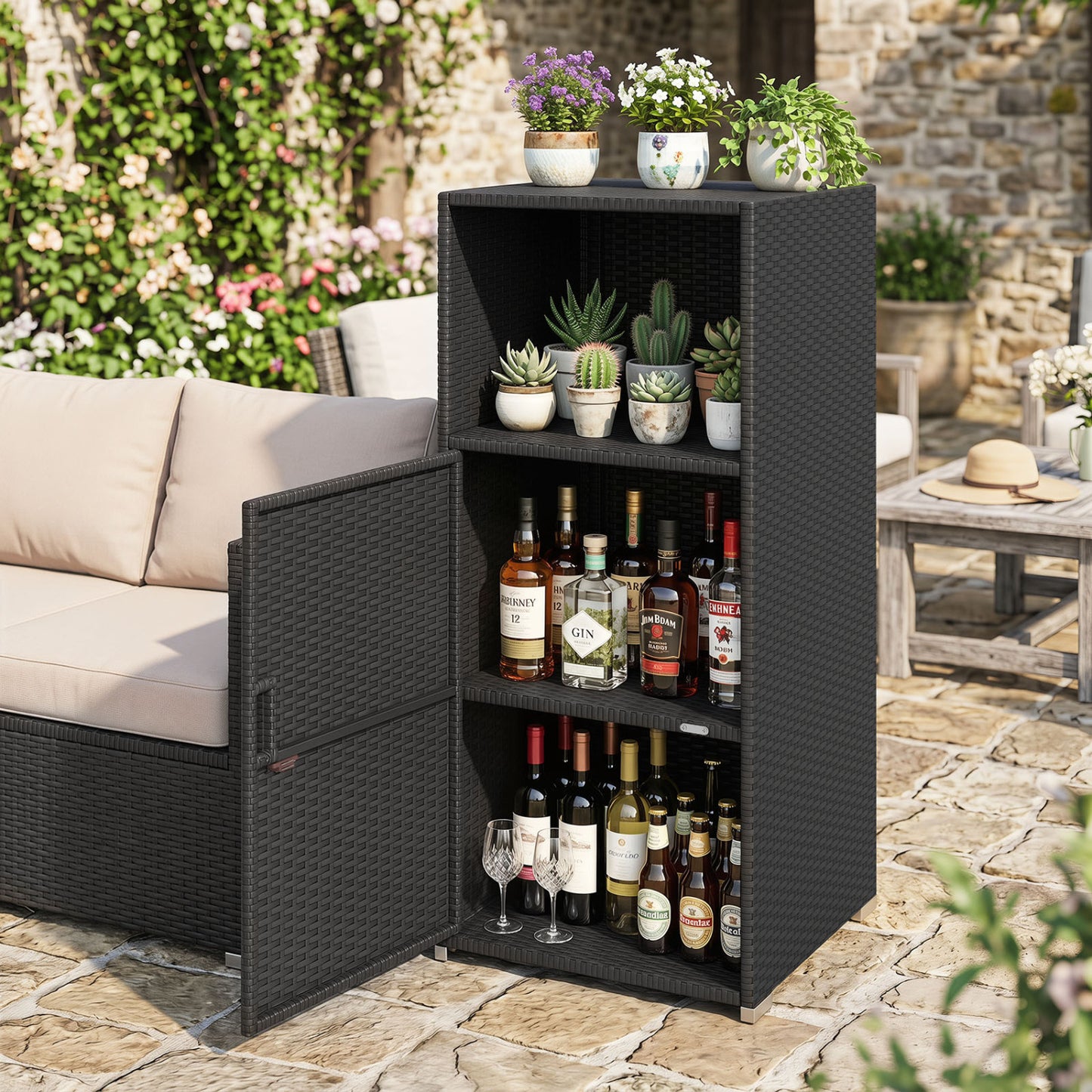 Outdoor PE Wicker Storage Cabinet with Door and Open Compartment for Patio, Black Sheds & Outdoor Storage at Gallery Canada