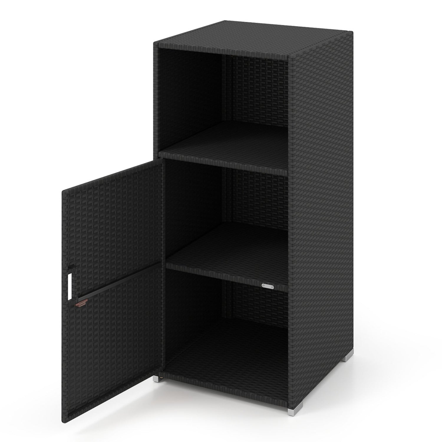 Outdoor PE Wicker Storage Cabinet with Door and Open Compartment for Patio, Black Sheds & Outdoor Storage at Gallery Canada