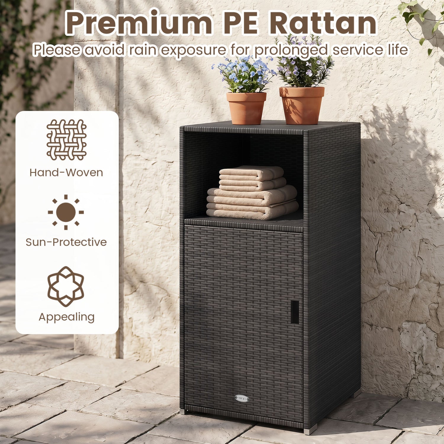 Outdoor PE Wicker Storage Cabinet with Door and Open Compartment for Patio, Black Sheds & Outdoor Storage at Gallery Canada