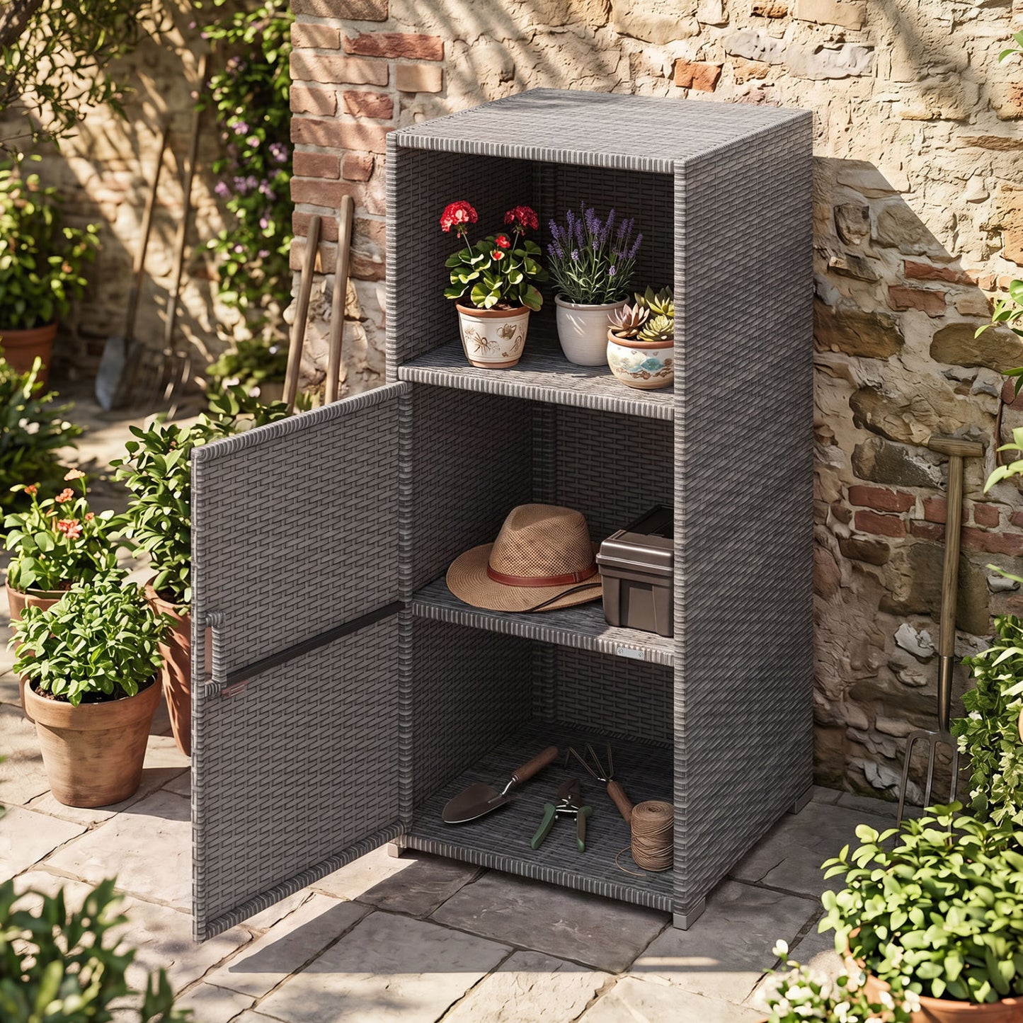 Outdoor PE Wicker Storage Cabinet with Door and Open Compartment for Patio, Gray Sheds & Outdoor Storage at Gallery Canada