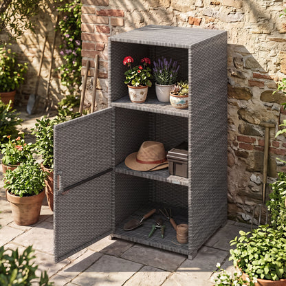 Outdoor PE Wicker Storage Cabinet with Door and Open Compartment for Patio, Gray Sheds & Outdoor Storage at Gallery Canada