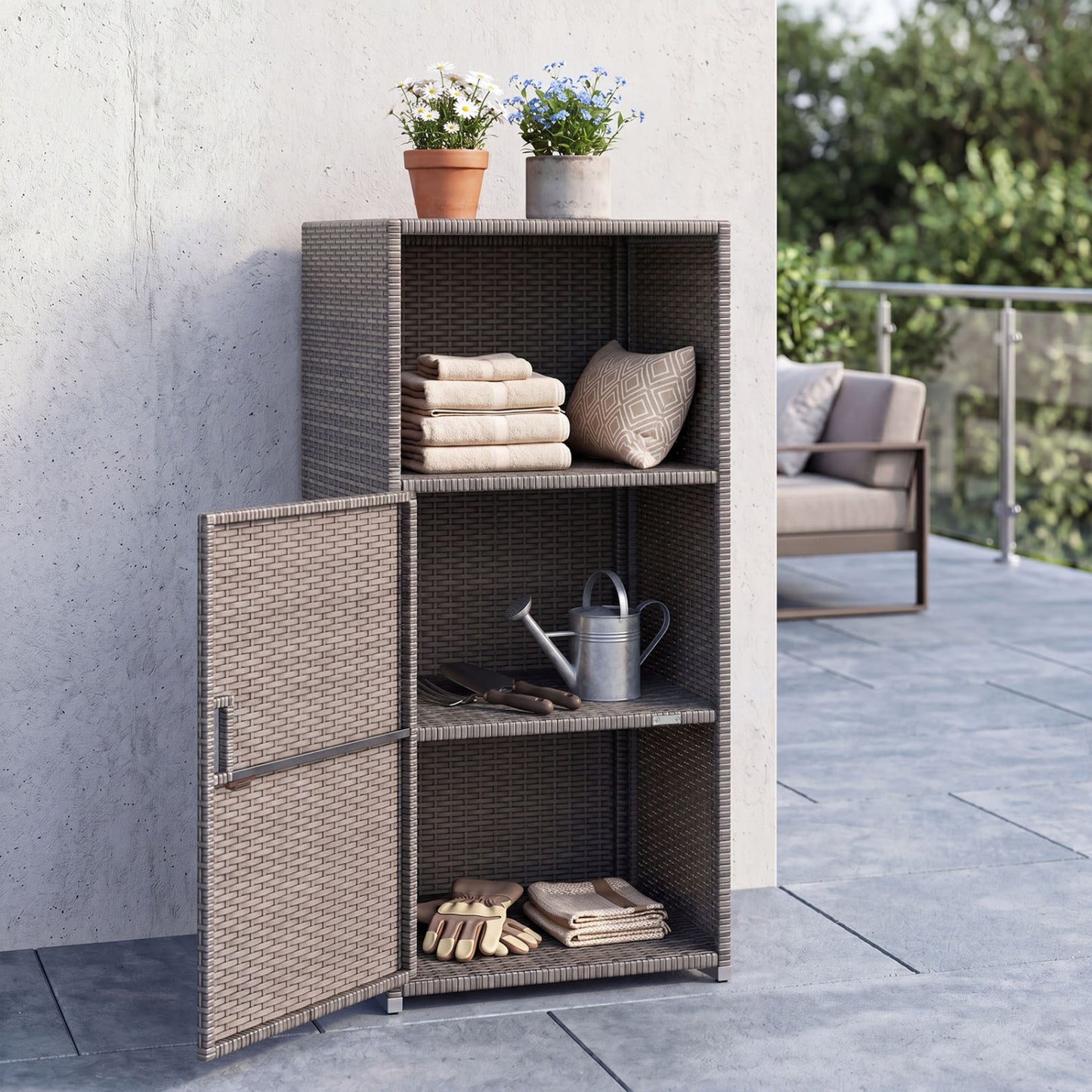Outdoor PE Wicker Storage Cabinet with Door and Open Compartment for Patio, Gray Sheds & Outdoor Storage at Gallery Canada