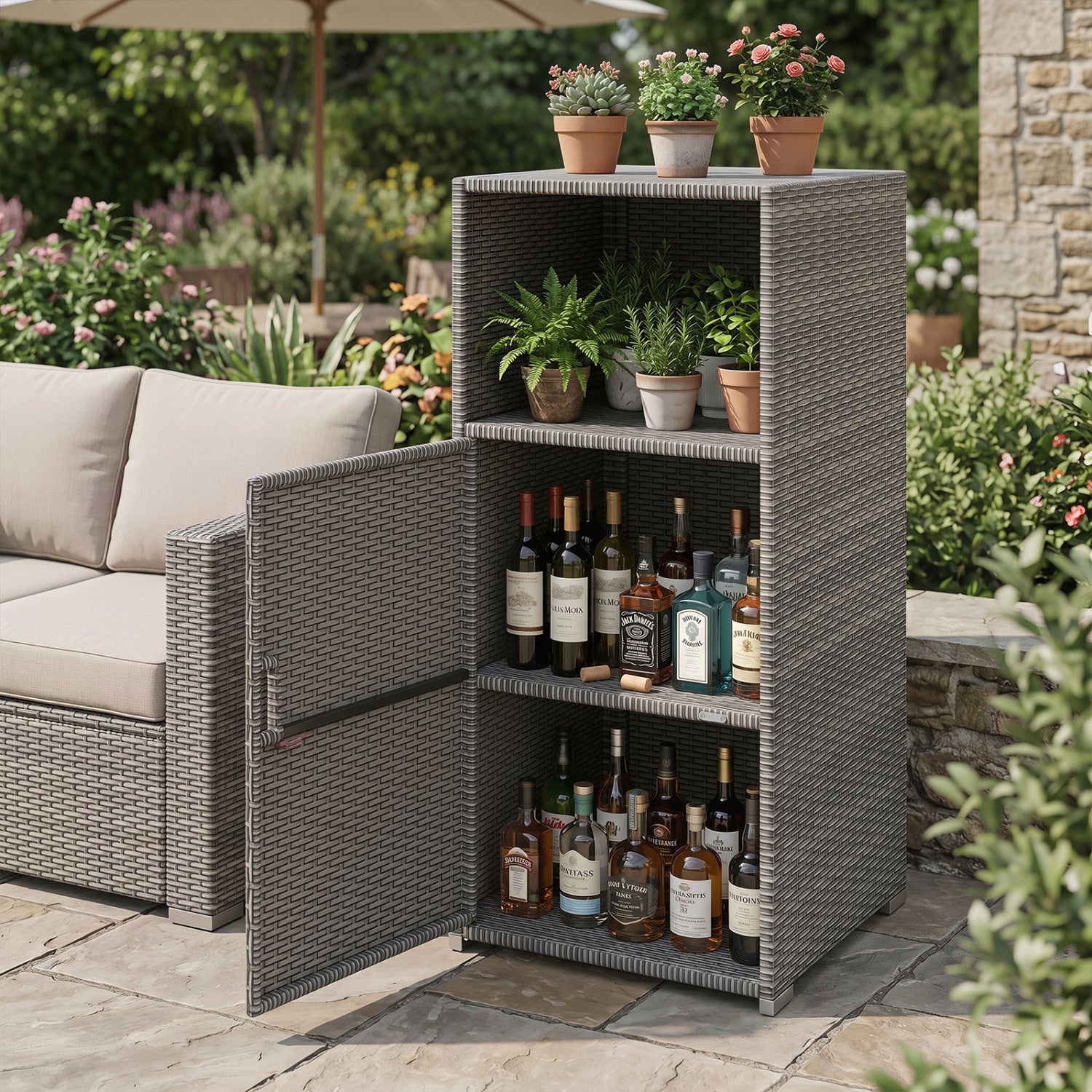 Outdoor PE Wicker Storage Cabinet with Door and Open Compartment for Patio, Gray Sheds & Outdoor Storage at Gallery Canada