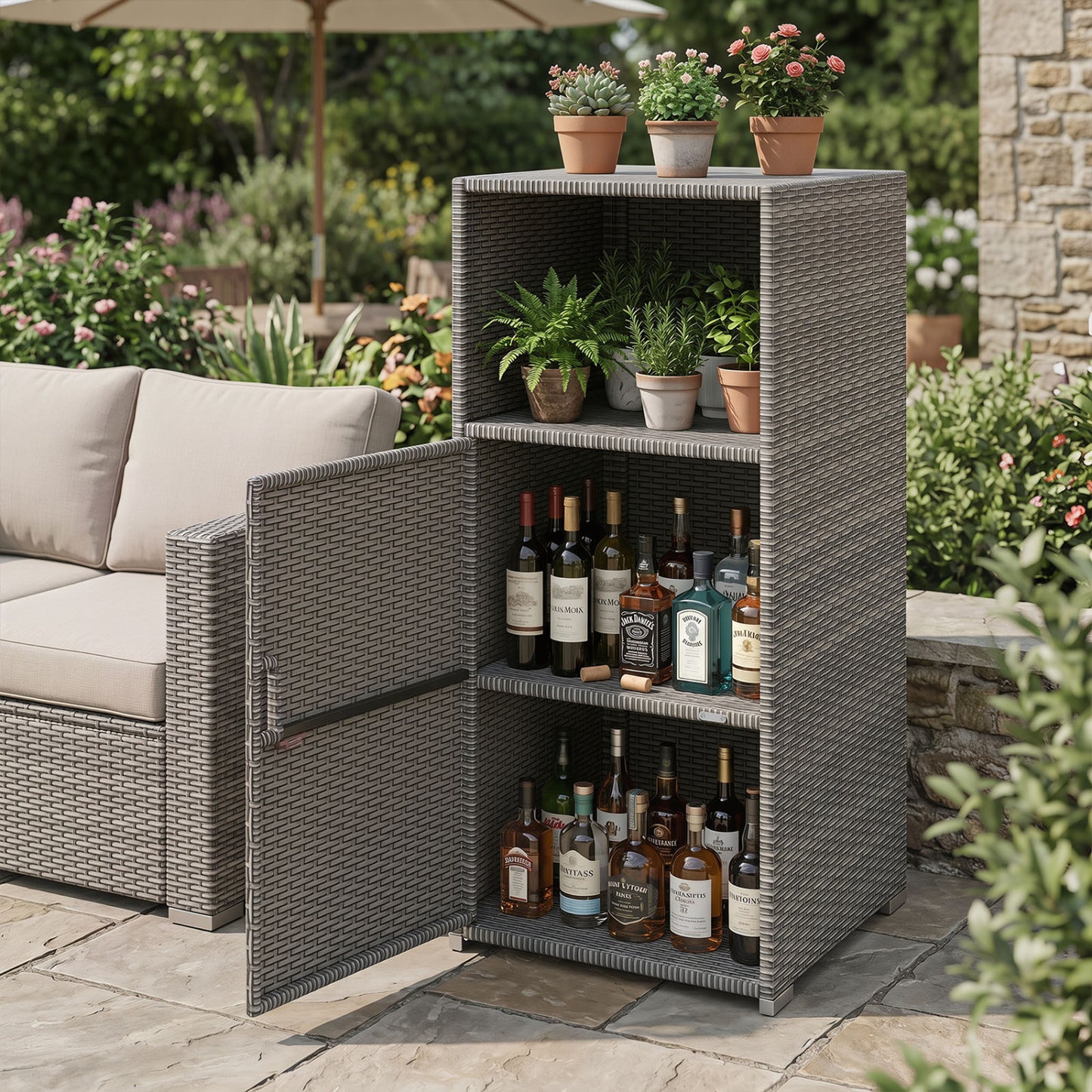 Outdoor PE Wicker Storage Cabinet with Door and Open Compartment for Patio, Gray Sheds & Outdoor Storage at Gallery Canada