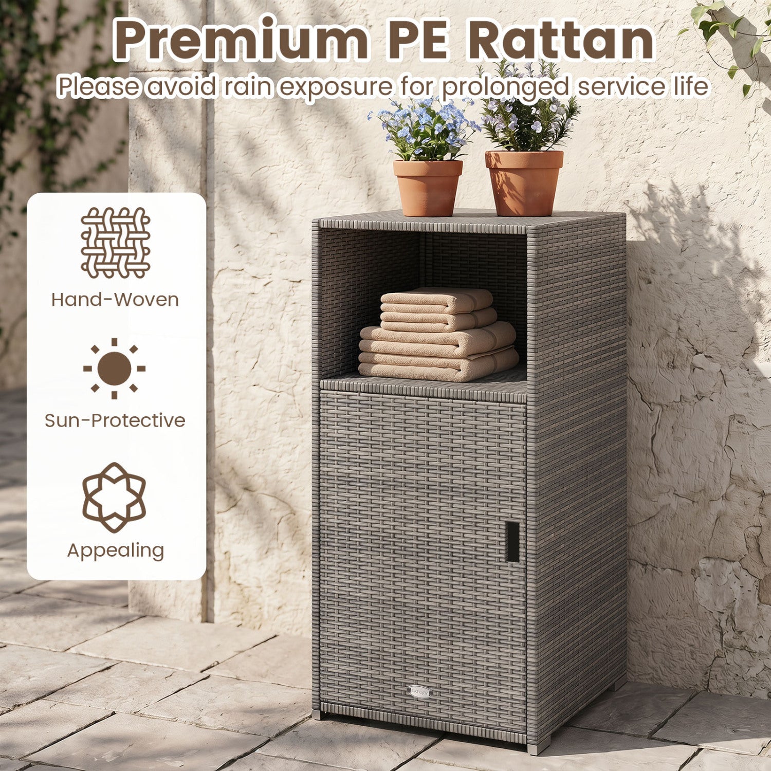 Outdoor PE Wicker Storage Cabinet with Door and Open Compartment for Patio, Gray Sheds & Outdoor Storage at Gallery Canada