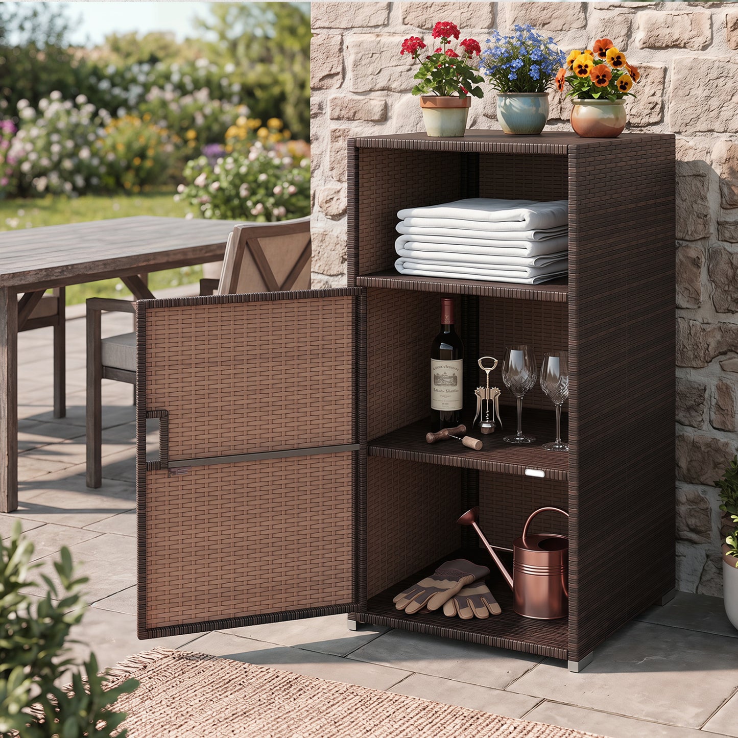 Outdoor PE Wicker Storage Cabinet with Door and Open Compartment for Patio, Brown Sheds & Outdoor Storage at Gallery Canada