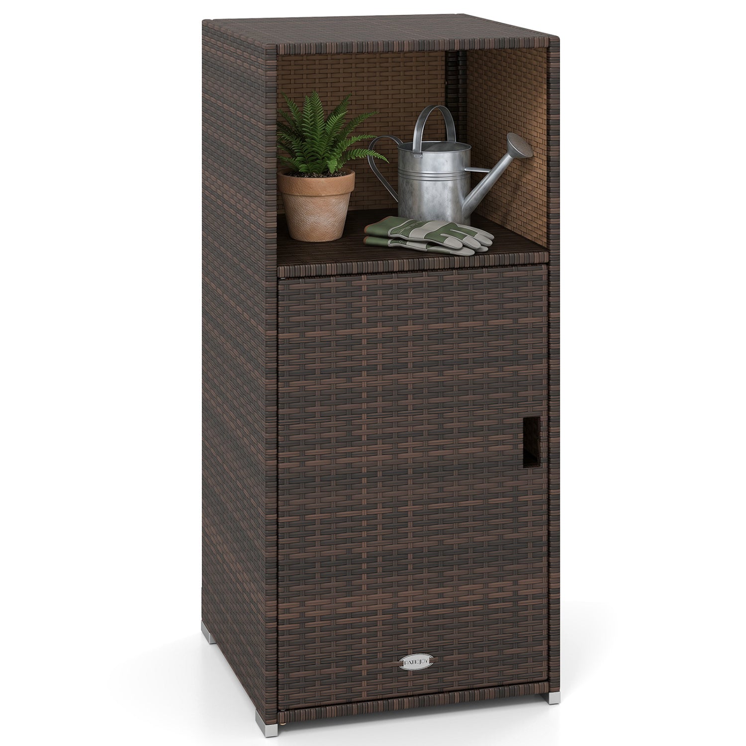 Outdoor PE Wicker Storage Cabinet with Door and Open Compartment for Patio, Brown Sheds & Outdoor Storage at Gallery Canada
