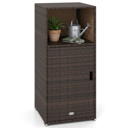 Outdoor PE Wicker Storage Cabinet with Door and Open Compartment for Patio, Brown Sheds & Outdoor Storage at Gallery Canada