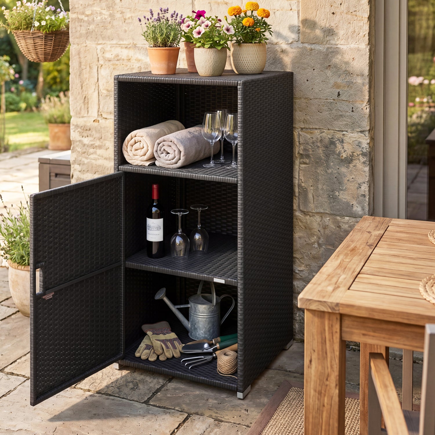 Outdoor PE Wicker Storage Cabinet with Door and Open Compartment for Patio, Black Sheds & Outdoor Storage at Gallery Canada