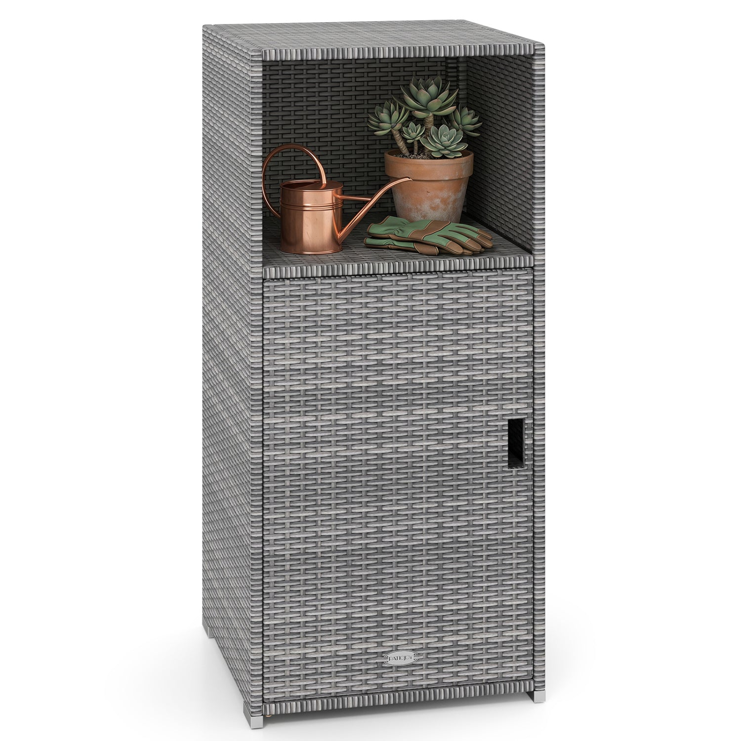 Outdoor PE Wicker Storage Cabinet with Door and Open Compartment for Patio, Gray Sheds & Outdoor Storage at Gallery Canada