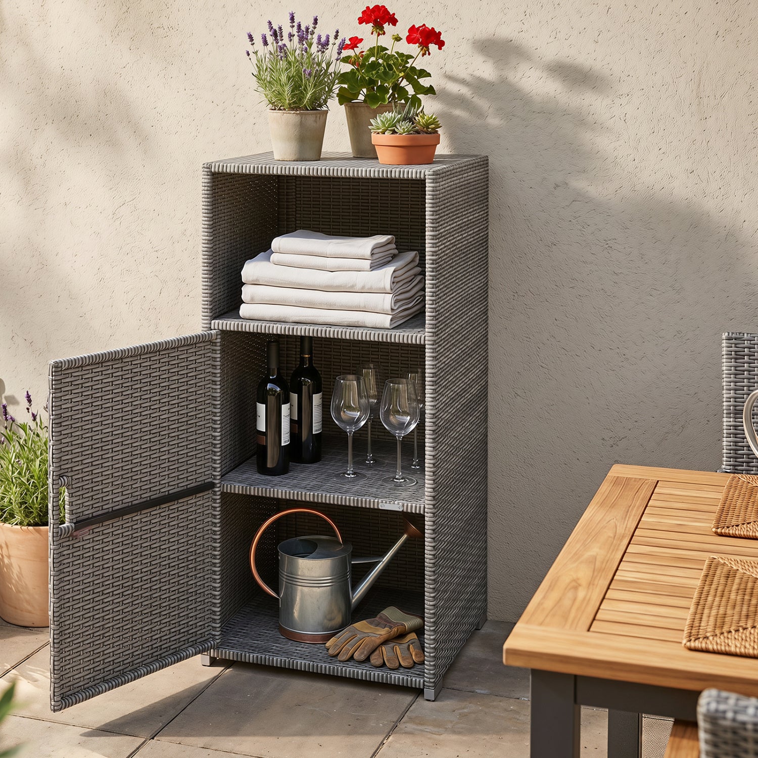 Outdoor PE Wicker Storage Cabinet with Door and Open Compartment for Patio, Gray Sheds & Outdoor Storage at Gallery Canada