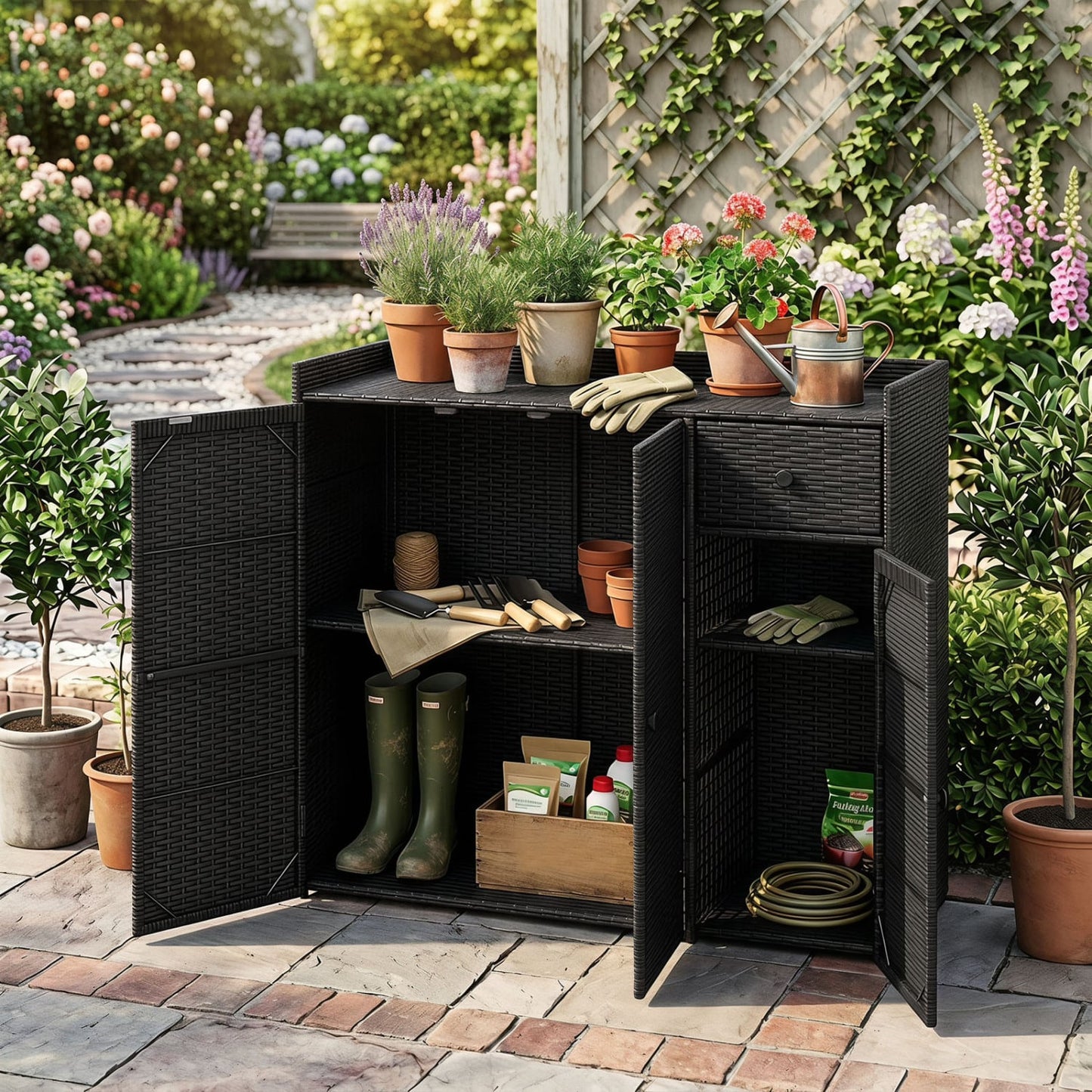 Outdoor PE Wicker Storage Cabinet, 3 Doors, Adjustable Shelves, Drawer, Black