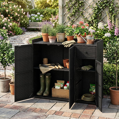 Outdoor PE Wicker Storage Cabinet, 3 Doors, Adjustable Shelves, Drawer, Black