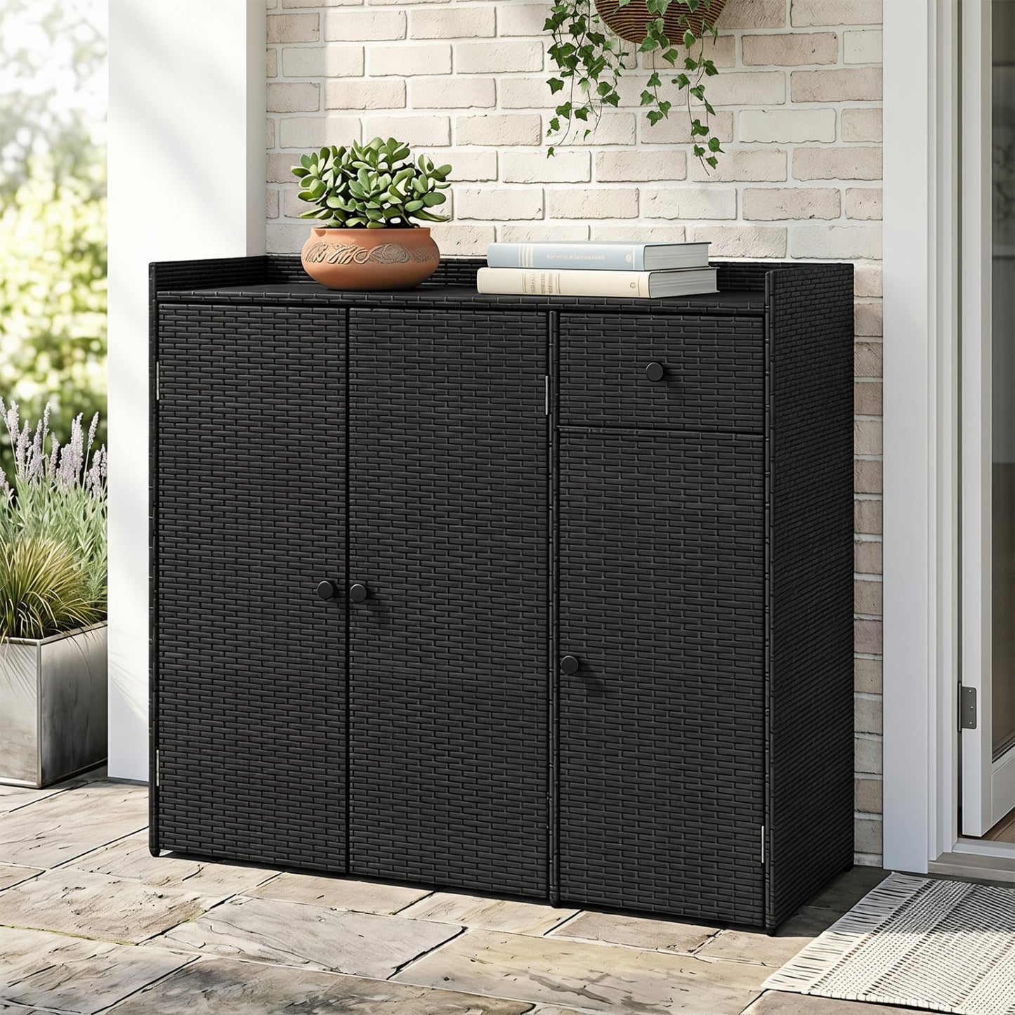 Outdoor PE Wicker Storage Cabinet, 3 Doors, Adjustable Shelves, Drawer, Black