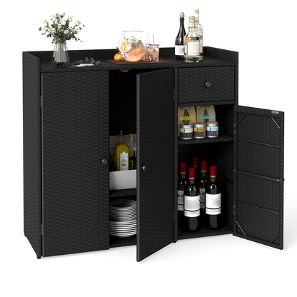 Outdoor PE Wicker Storage Cabinet, 3 Doors, Adjustable Shelves, Drawer, Black