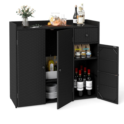 Outdoor PE Wicker Storage Cabinet, 3 Doors, Adjustable Shelves, Drawer, Black