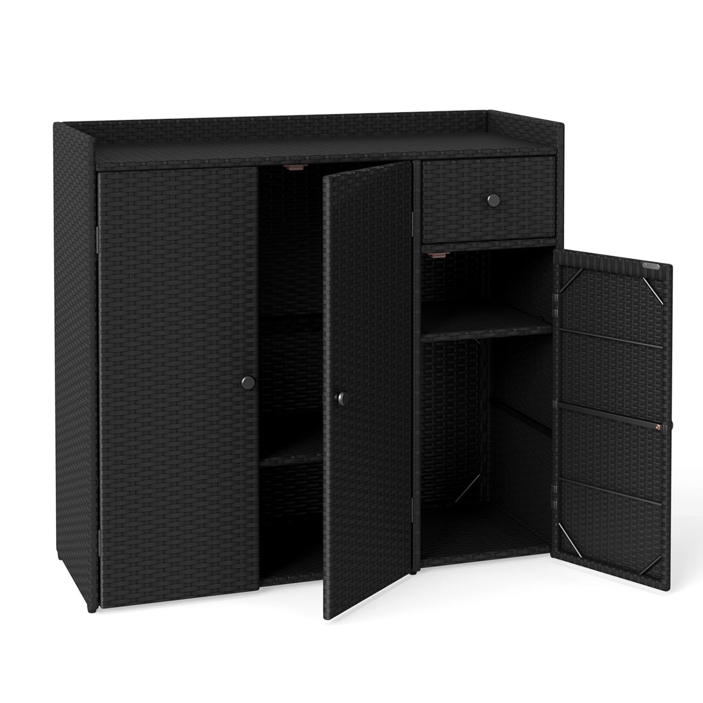 Outdoor PE Wicker Storage Cabinet, 3 Doors, Adjustable Shelves, Drawer, Black
