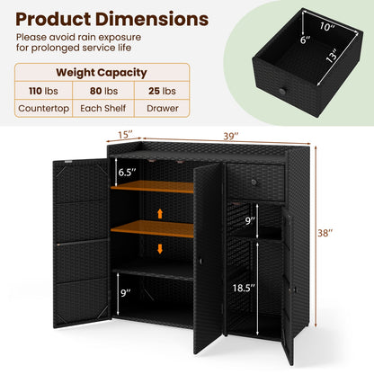 Outdoor PE Wicker Storage Cabinet, 3 Doors, Adjustable Shelves, Drawer, Black