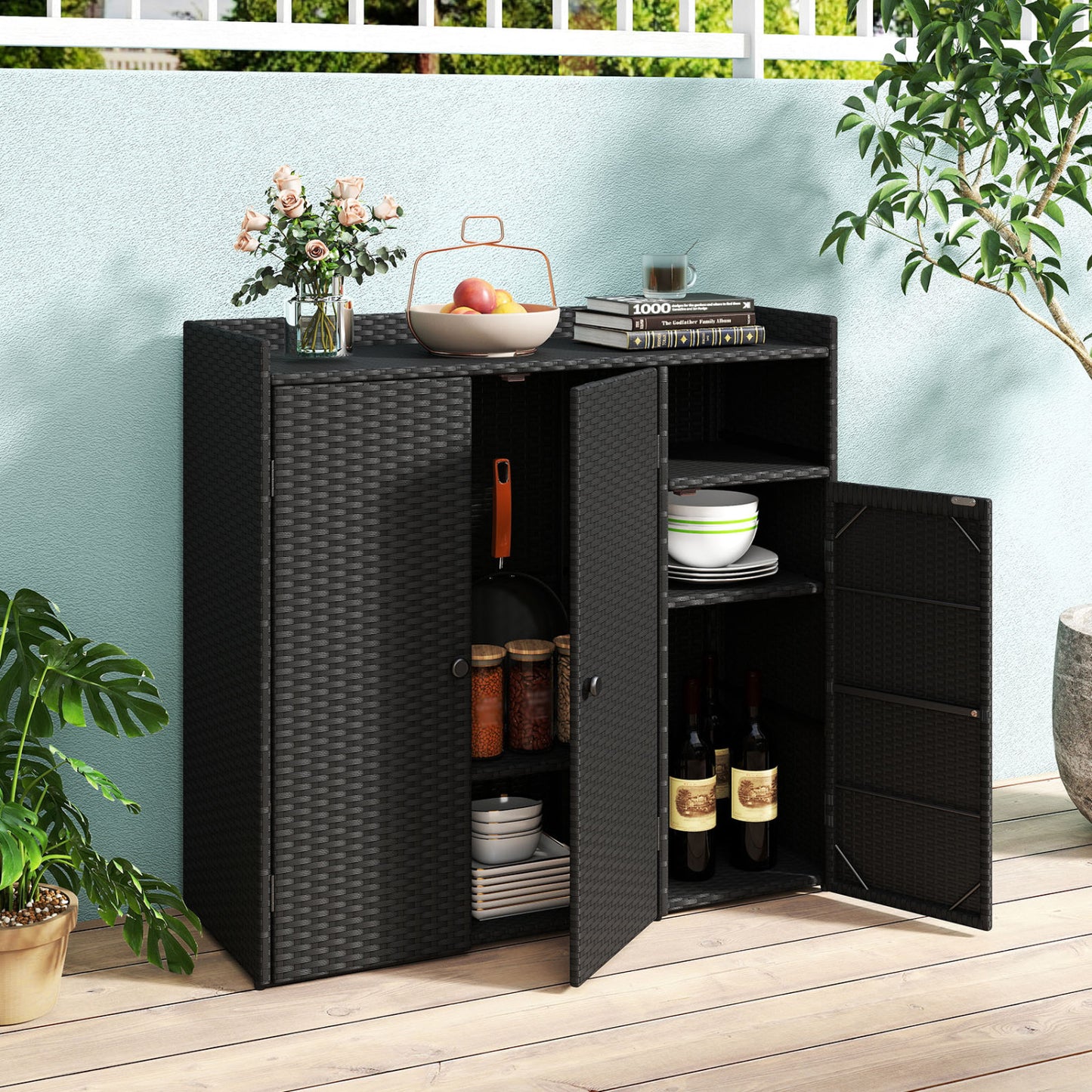 Outdoor PE Wicker Storage Cabinet, 3 Doors, Adjustable Shelves, Drawer, Black