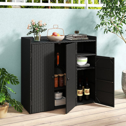 Outdoor PE Wicker Storage Cabinet, 3 Doors, Adjustable Shelves, Drawer, Black