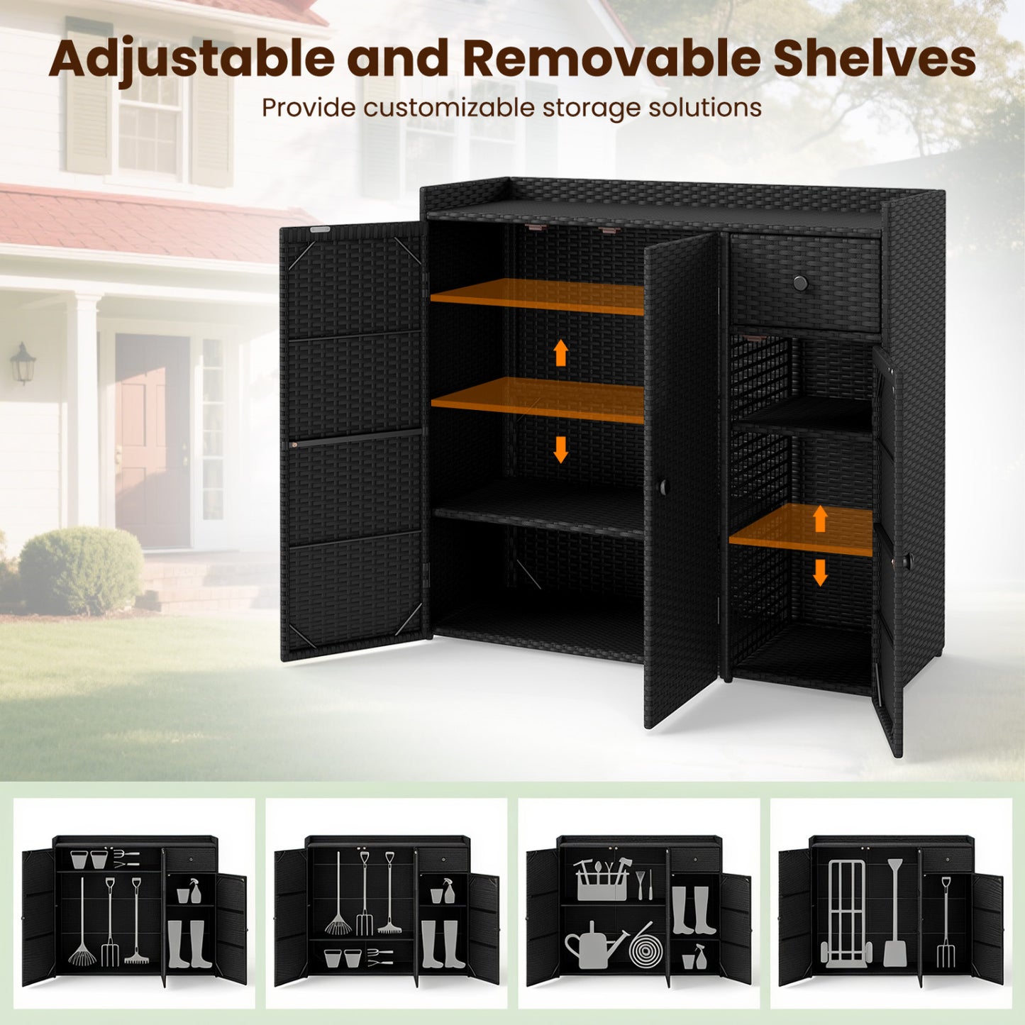 Outdoor PE Wicker Storage Cabinet, 3 Doors, Adjustable Shelves, Drawer, Black