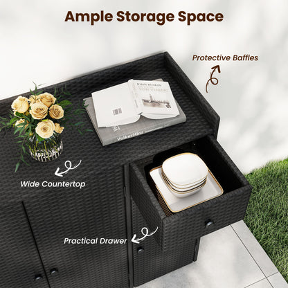 Outdoor PE Wicker Storage Cabinet, 3 Doors, Adjustable Shelves, Drawer, Black