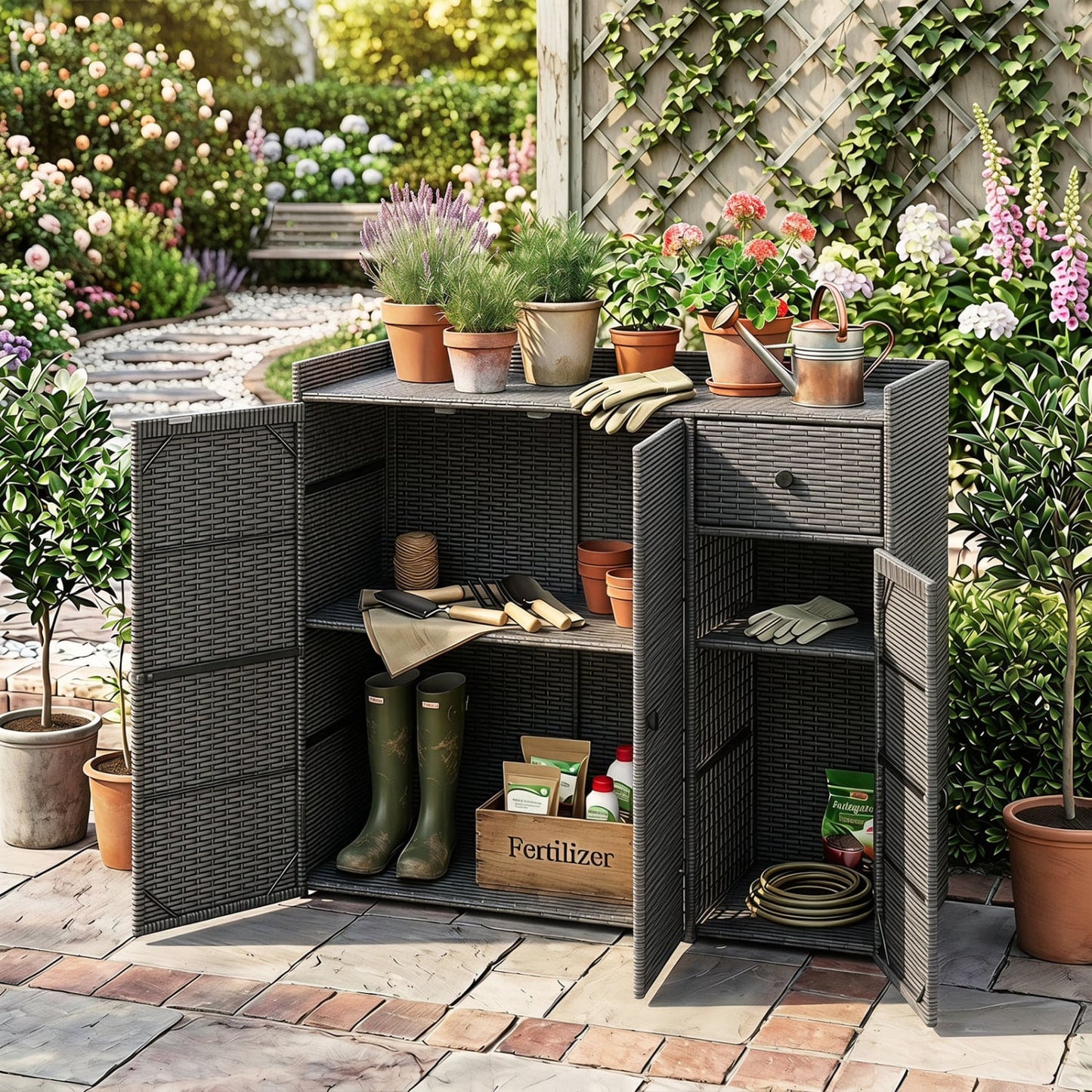 PE Wicker Storage Cabinet, 3 Doors & Drawer, Gray
