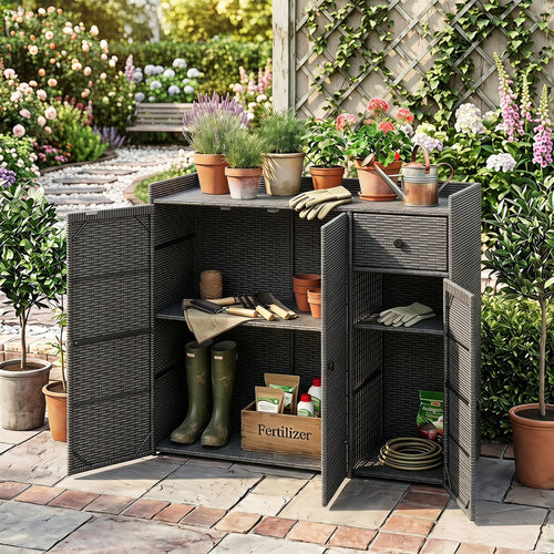 PE Wicker Storage Cabinet, 3 Doors & Drawer, Gray