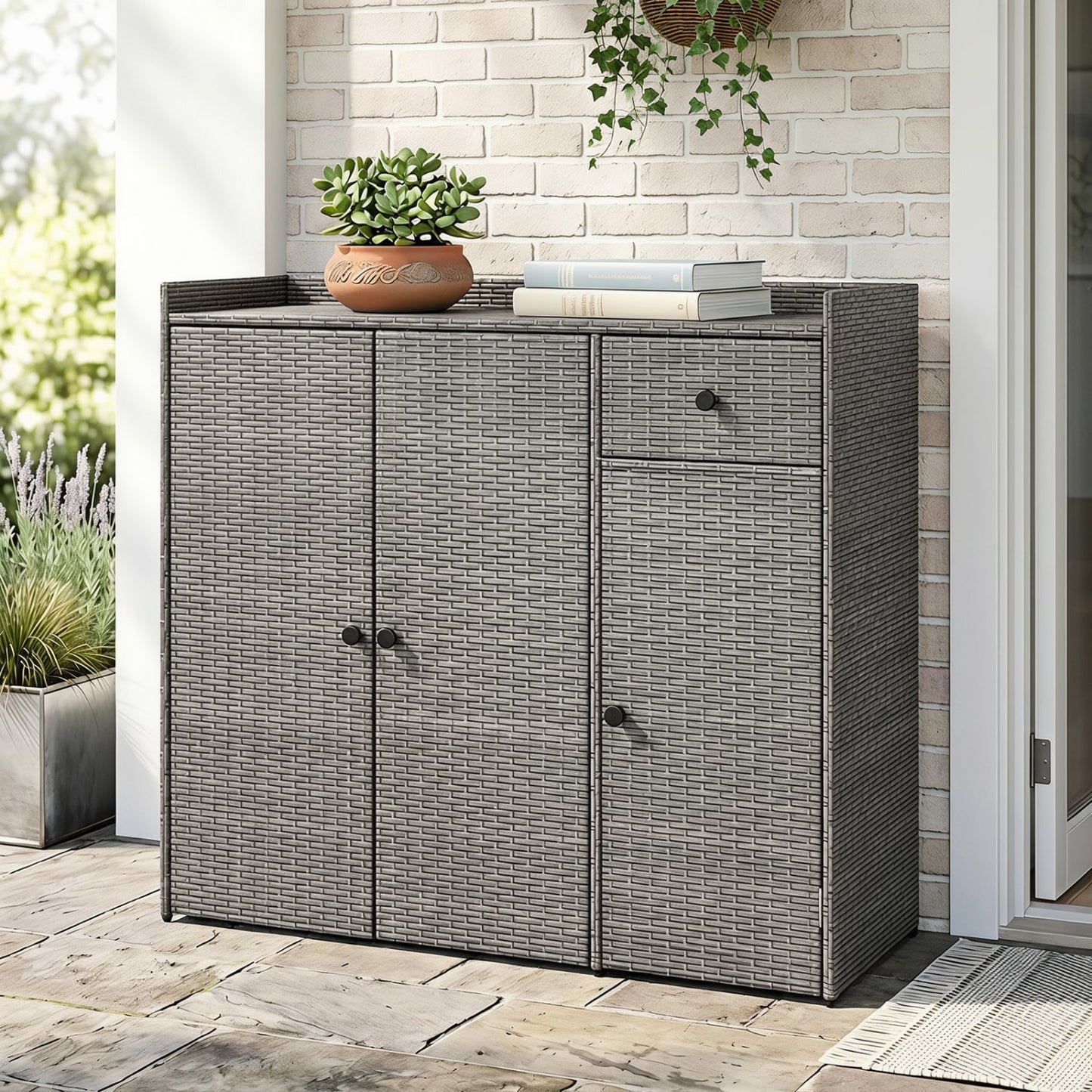PE Wicker Storage Cabinet, 3 Doors & Drawer, Gray
