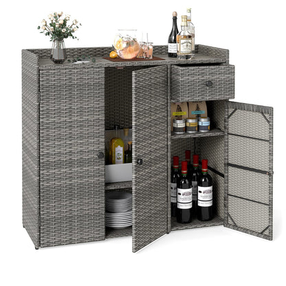 PE Wicker Storage Cabinet, 3 Doors & Drawer, Gray