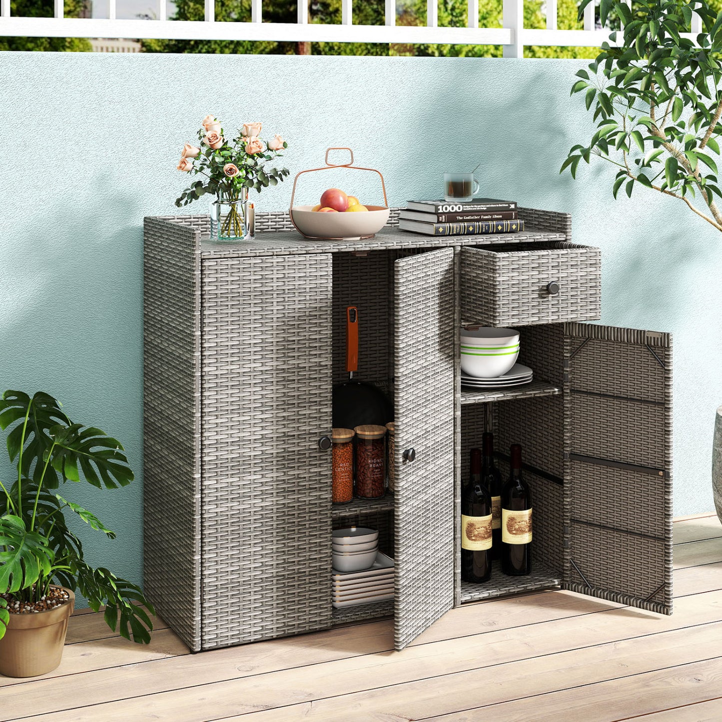 PE Wicker Storage Cabinet, 3 Doors & Drawer, Gray