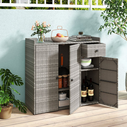 PE Wicker Storage Cabinet, 3 Doors & Drawer, Gray