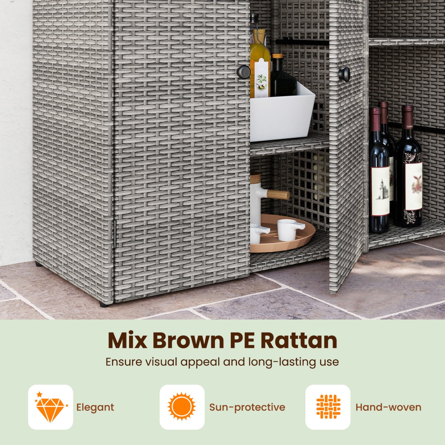 PE Wicker Storage Cabinet, 3 Doors & Drawer, Gray