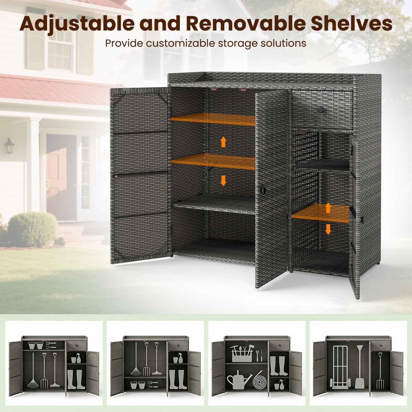 PE Wicker Storage Cabinet, 3 Doors & Drawer, Gray
