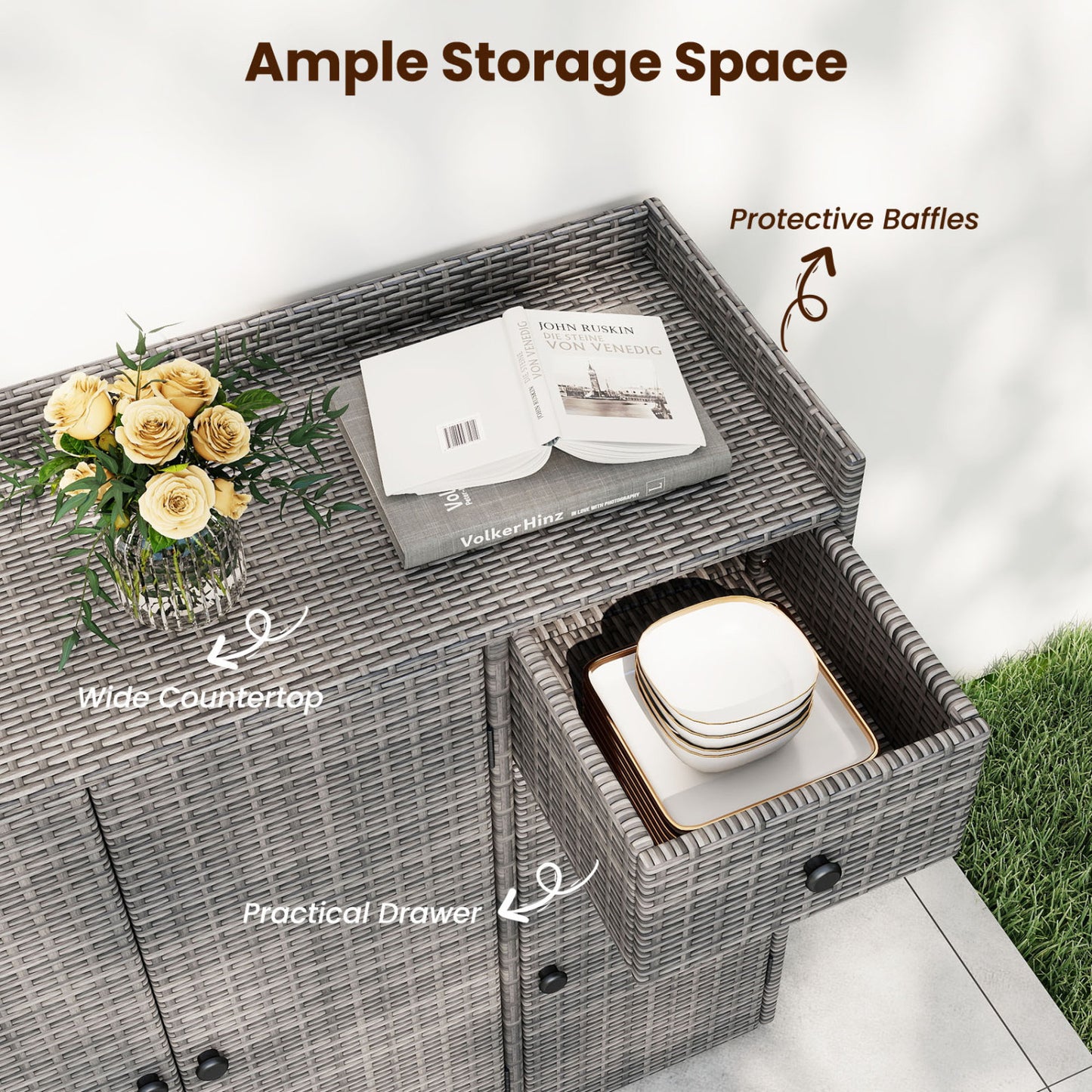 PE Wicker Storage Cabinet, 3 Doors & Drawer, Gray