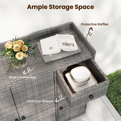 PE Wicker Storage Cabinet, 3 Doors & Drawer, Gray