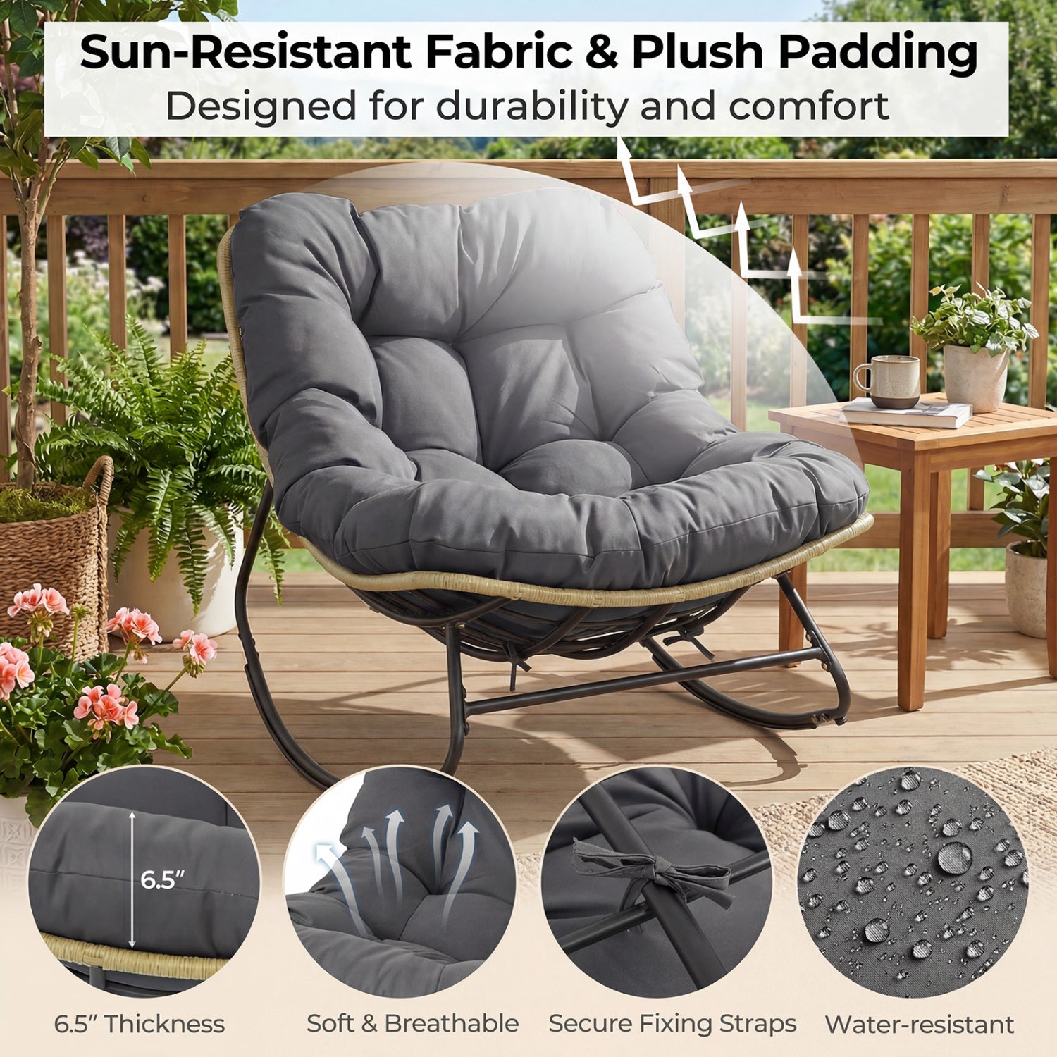 Outdoor Papasan Rocking Chair with Thick Cushioned Seat for Patio, Gray Patio Rocking Chairs & Gliders at Gallery Canada