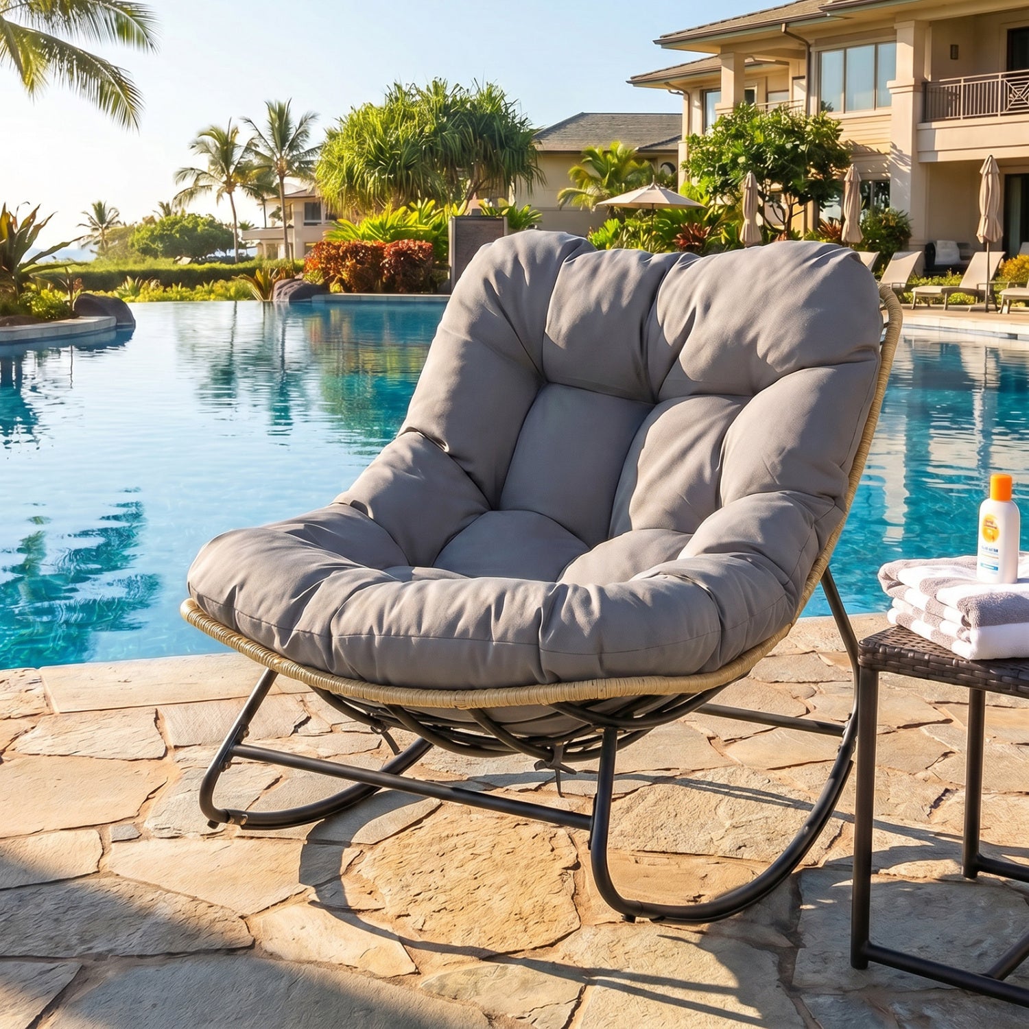 Outdoor Papasan Rocking Chair with Thick Cushioned Seat for Patio, Gray Patio Rocking Chairs & Gliders at Gallery Canada