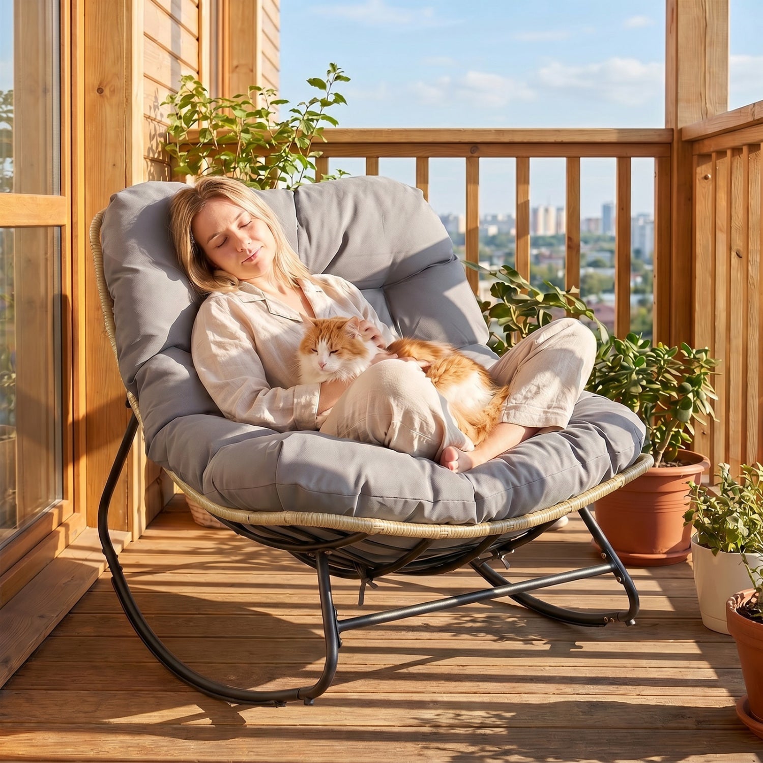 Outdoor Papasan Rocking Chair with Thick Cushioned Seat for Patio, Gray Patio Rocking Chairs & Gliders at Gallery Canada
