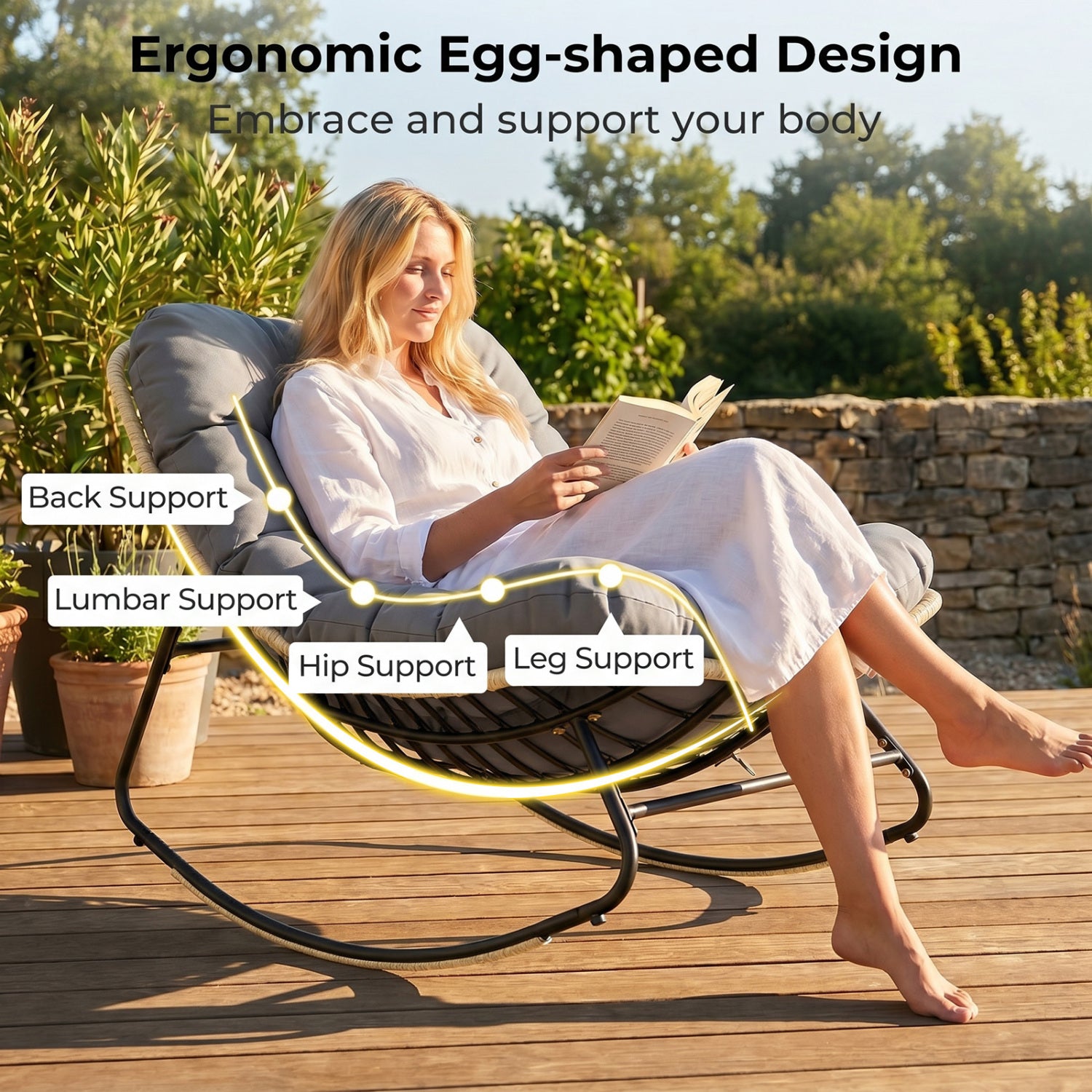 Outdoor Papasan Rocking Chair with Thick Cushioned Seat for Patio, Gray Patio Rocking Chairs & Gliders at Gallery Canada