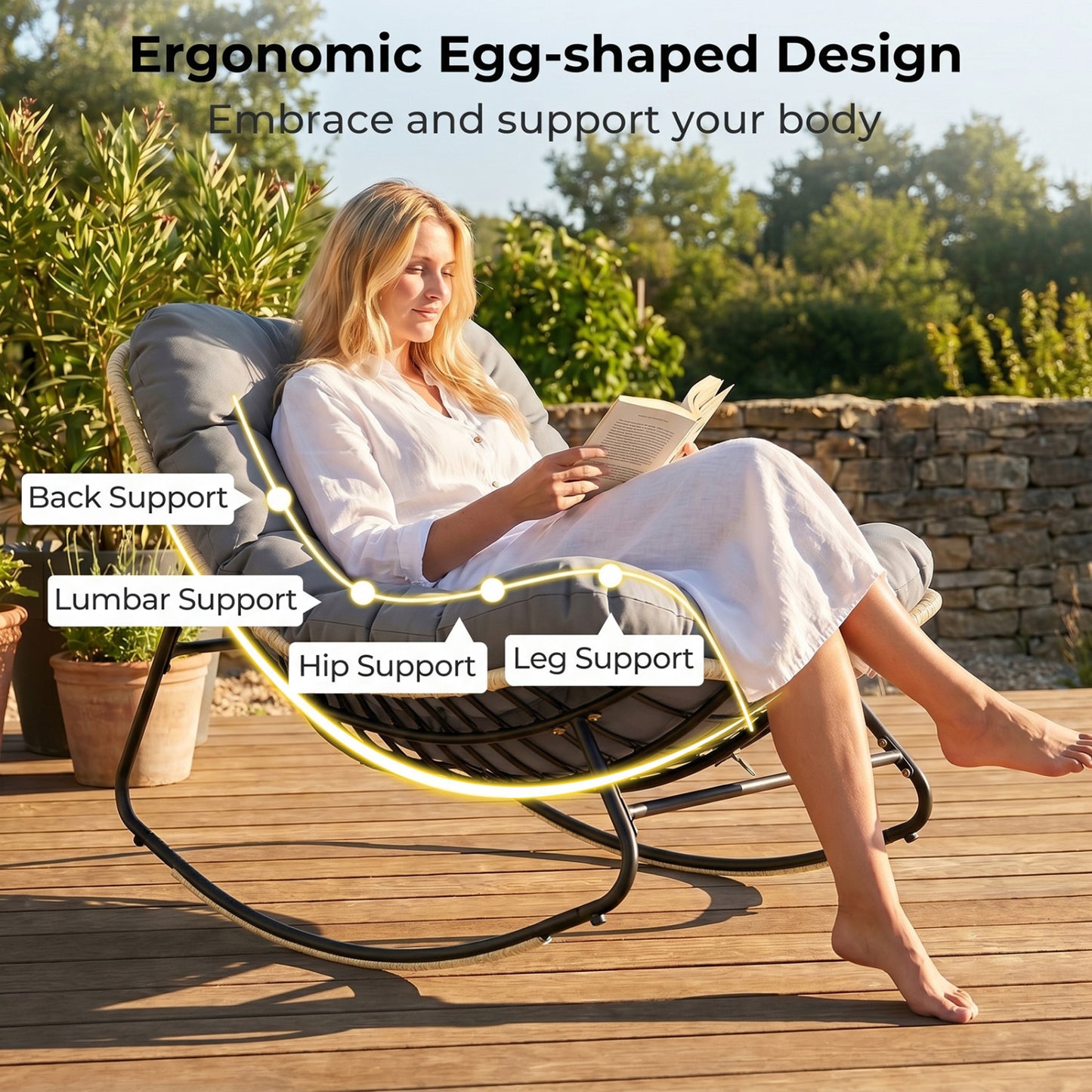 Outdoor Papasan Rocking Chair with Thick Cushioned Seat for Patio, Gray Patio Rocking Chairs & Gliders at Gallery Canada