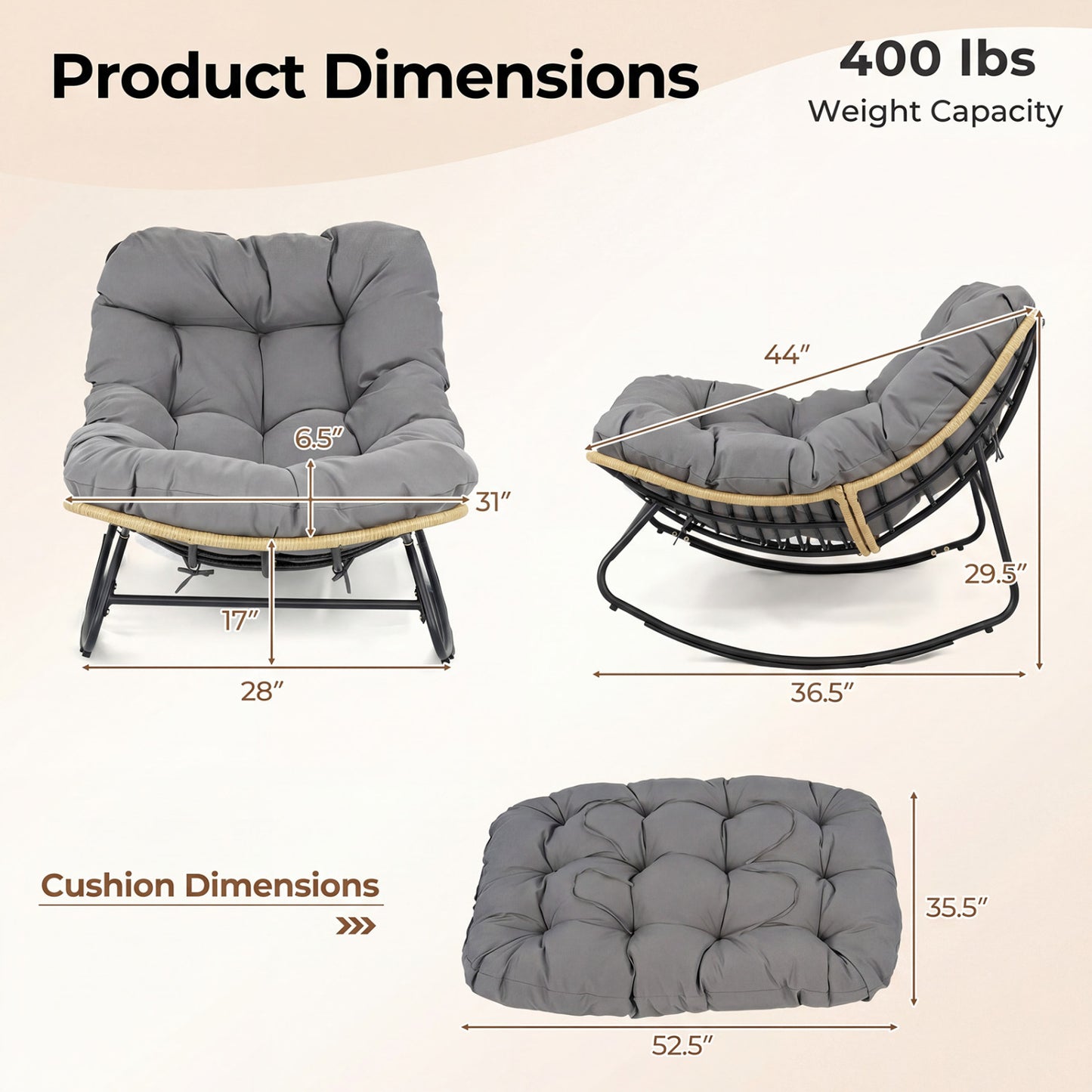 Outdoor Papasan Rocking Chair with Thick Cushioned Seat for Patio, Gray Patio Rocking Chairs & Gliders at Gallery Canada
